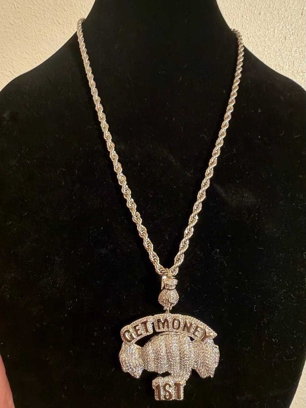 14K White Gold Plated “Get Money First” Pendant + FREE 24” Rope Chain